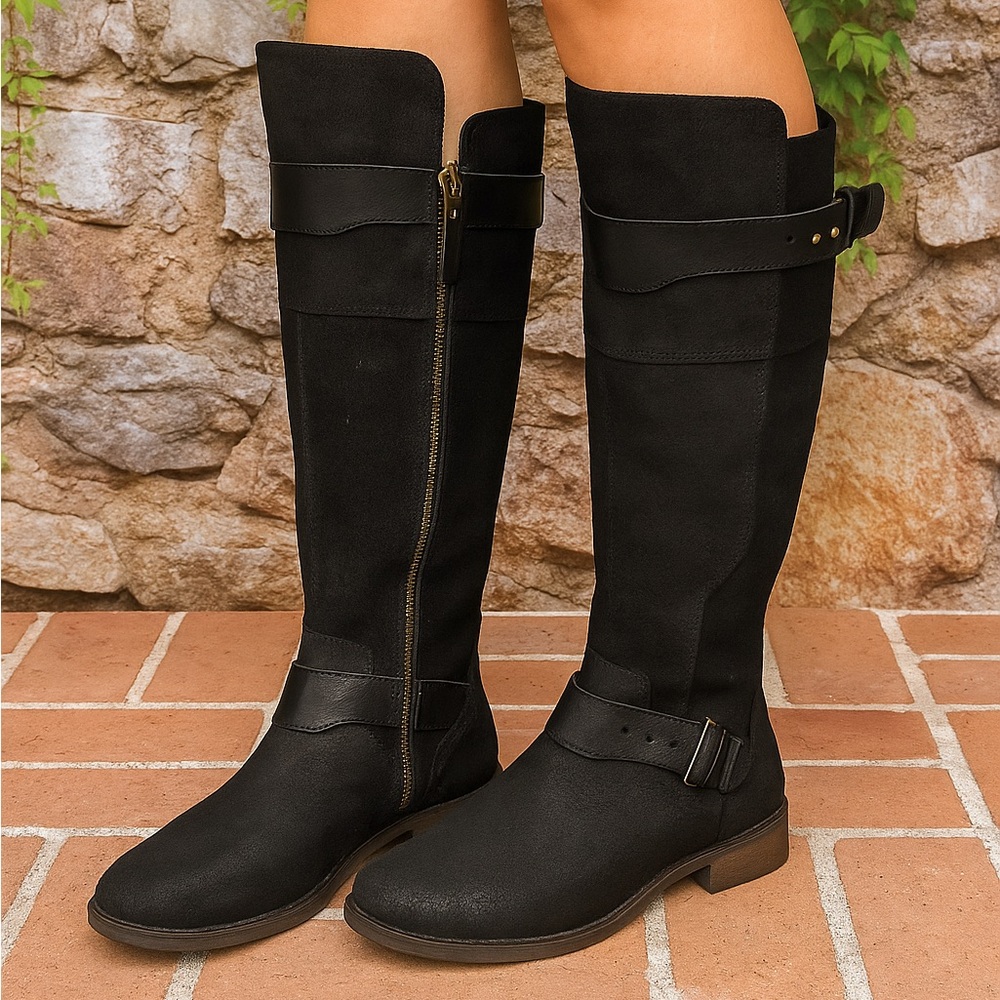 UGG Black Leather and Suede Shearling Sole Moto Style Zip Riding Boots, 6.5 - Picture 2 of 13